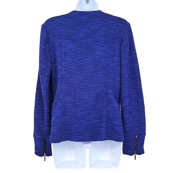 H by Halston Womens Tweed Jacket Size 6 Blue Zippers Asymmetrical Stretchy‎ - Picture 4 of 8
